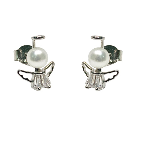 Серьги-гвоздики из серебра с жемчугом и фианитами «Ангелы»