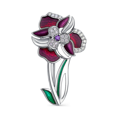 Серебряная брошь с эмалью и фианитами «Цветок»