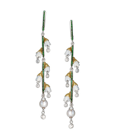Серебряные серьги с жемчугом, эмалью и фианитами