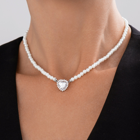 Колье из серебра с жемчугом и фианитами «Сердце»