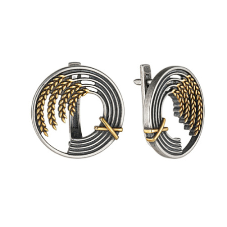 Серьги пшеница колоски из серебра с позолотой в русском стиле