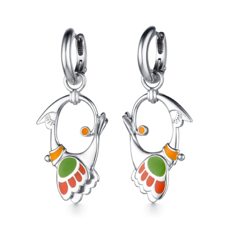 Серьги из серебрас эмалью «Былинные птицы»