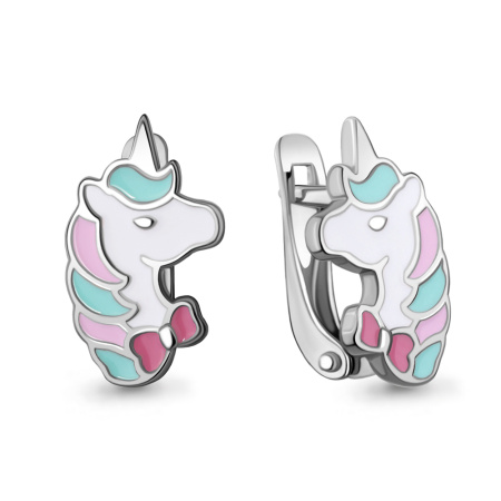 Детские серебряные серьги с эмалью «Единорог»