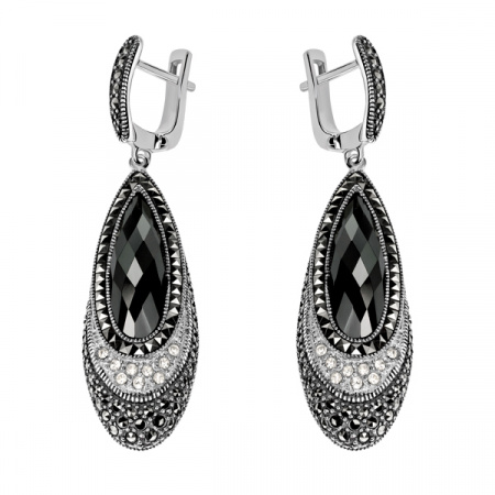 Серебряные серьги с гематитом, фианитами и марказитами Swarovski