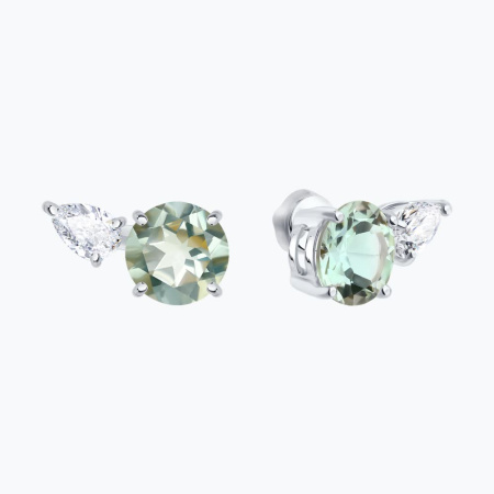 Серебряные серьги-гвоздики с празиолитом и фианитом