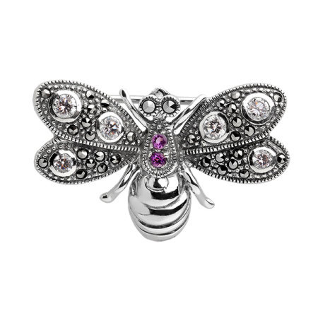 Серебряная брошь с марказитами Swarovski, аметистом и фианитами