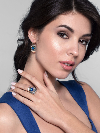 Серебряные серьги с лазуритом, фианитом и золотом