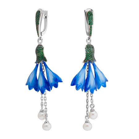 Серьги «Васильки» из серебра с эмалью и жемчугом