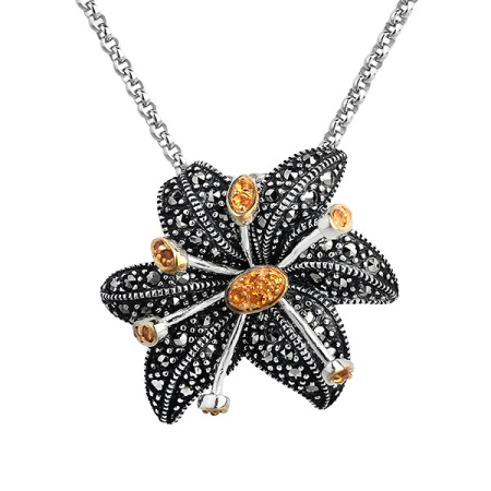 Серебряный кулон на цепи с цитрином, марказитами Swarovski и позолотой