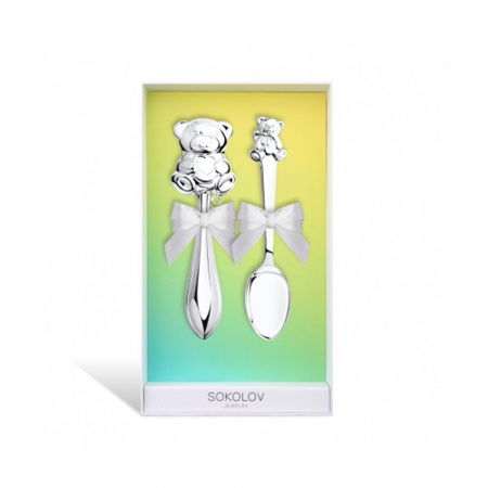 Серебряный набор « Мишутка » ложка и погремушка