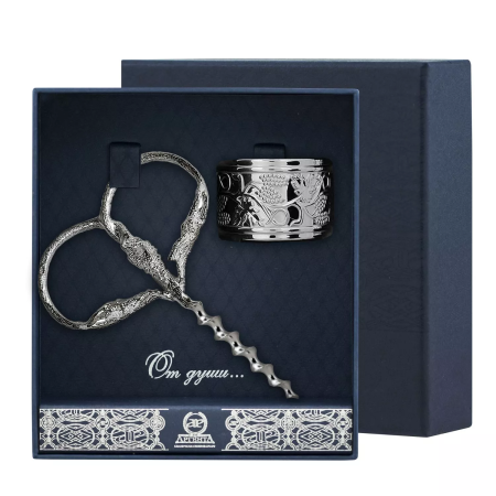 Серебряный набор «Виноград» кольцо для бутылки, штопор