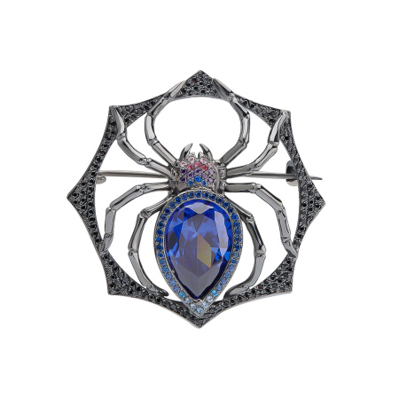 Брошь из серебра с фианитами и танзанитом «Паук»