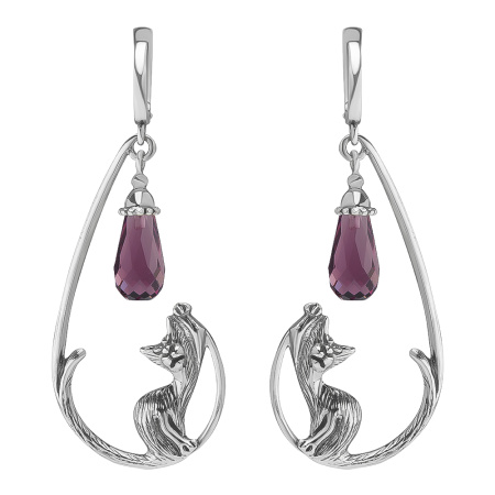 Серебряные серьги Кот под фонарем длинные с кварцем бургунди