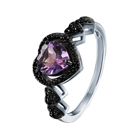 Кольцо из серебра с аметистами и шпинелью «Сердце»