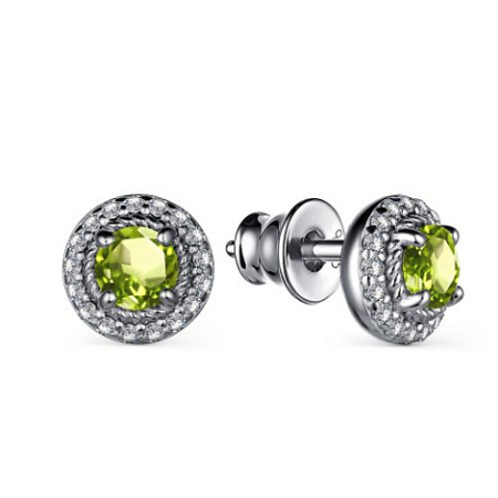 Серебряные серьги-пусеты с хризолитом и фианитами