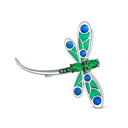 Брошь из серебра с фианитами и эмалью «Стрекоза»