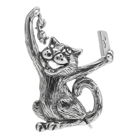 Серебряная брошь «Селфи» кот с телефоном