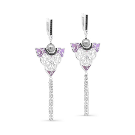 Серьги из серебра с жемчугом, шпинелью, фианитами и эмалью