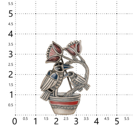 Серебряная брошь с эмалью «Вороны и цветок»