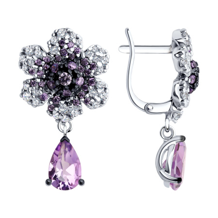 Серебряные серьги с аметистом и фианитами «Цветок»
