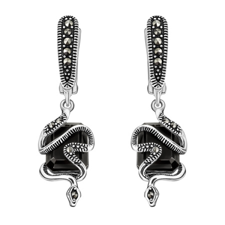 Серебряные серьги с черным ониксом и марказитами