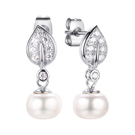 Серьги-гвоздики из серебра с жемчугом и фианитами «Листок»