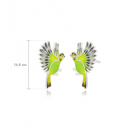 Серьги-пусеты из серебра «Попугаи» зеленые