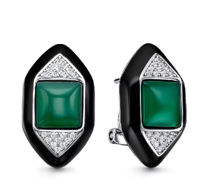 Серьги из серебра 925 пробы с агатом, эмалью и фианитами