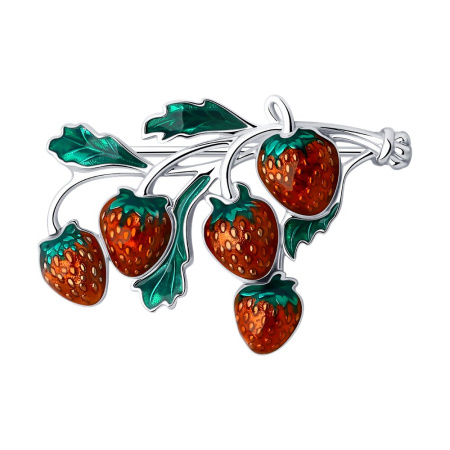 Брошь из серебра с эмалью «Веточка с клубники»