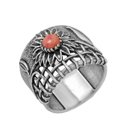 Кольцо из серебра с родонитом «Подсолнух»