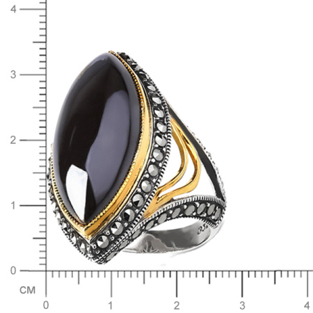 Серебряное кольцо с гематитом, марказитами Swarovski и позолотой
