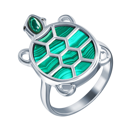 Серебряное кольцо с малахитом и фианитом «Черепашка»