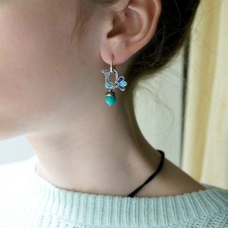 Серебряные серьги с эмалью и бирюзой «Птички»