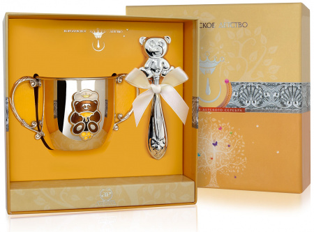 Серебряный набор «Мишка» с эмалью поильник и погремушка