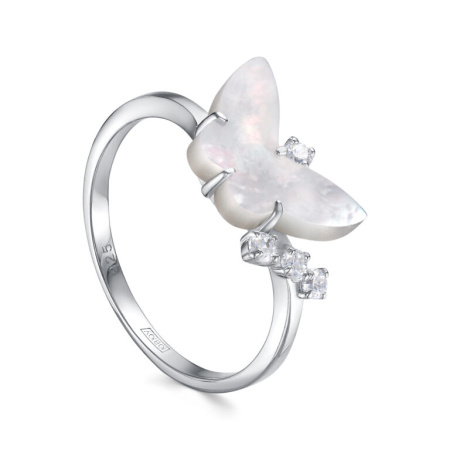 Кольцо из серебра с перламутром и фианитами «Бабочка»