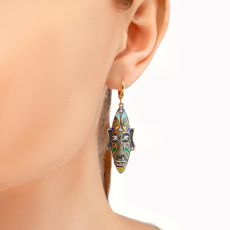 Серебряные серьги «Африканская маска Оконга» (золочение), разноцветные