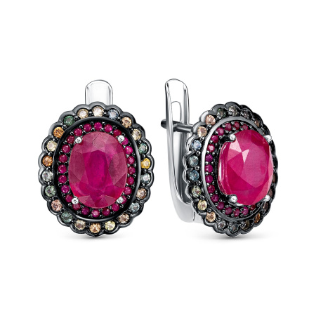 Серьги из серебра с рубинами и цветными сапфирами