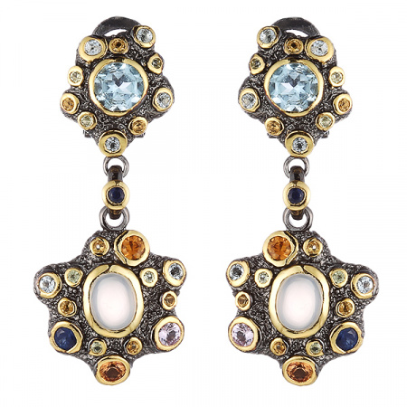 Серебряные серьги с лунным камнем, топазом и сапфиром