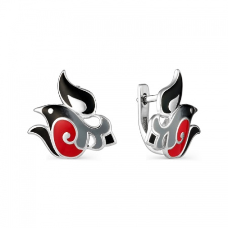 Серьги из серебра «Снегири» с эмалью