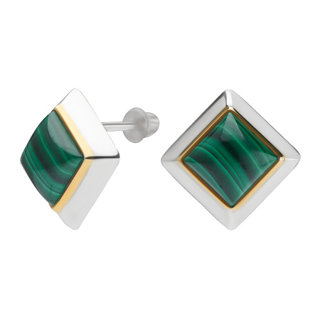 Серебряные серьги-гвоздики с малахитом