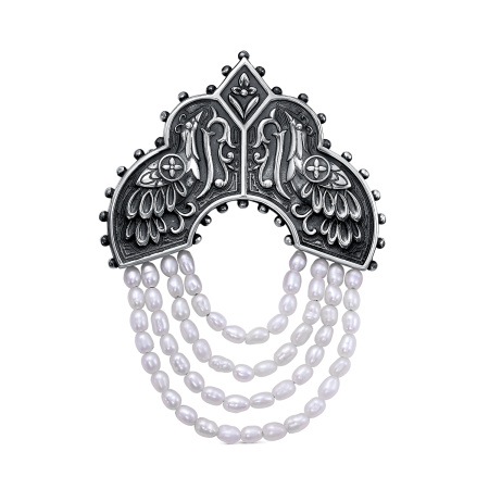 Серебряная брошь с жемчугом «Кокошник»