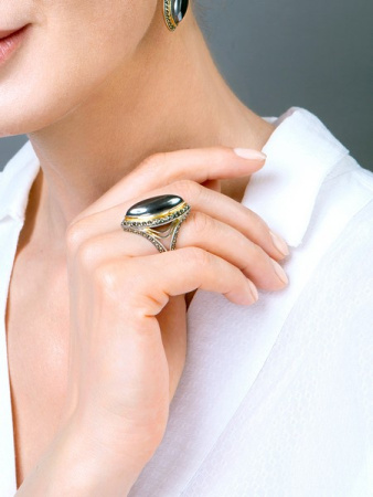 Серебряное кольцо с гематитом, марказитами Swarovski и позолотой