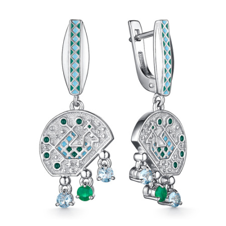 Серьги из серебра с агатом, фианитами и эмалью «Петух»