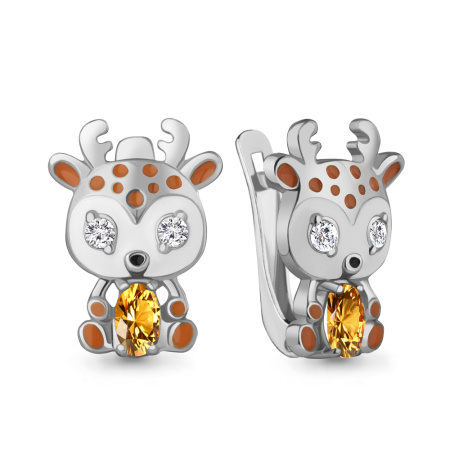 Серьги из серебра с цитрином и эмалью «Олененок»