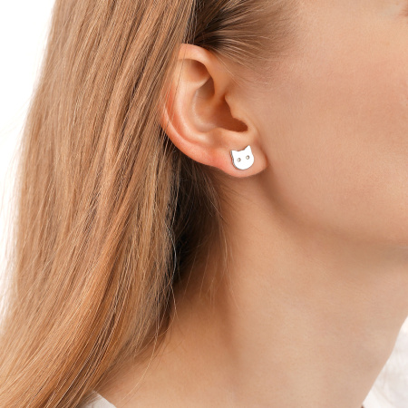 Серьги пуссеты серебряные «Кот с рыбой»