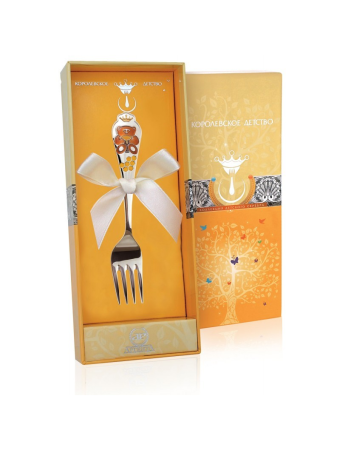 Серебряная вилка детская «Мишка» с позолотой и эмалью