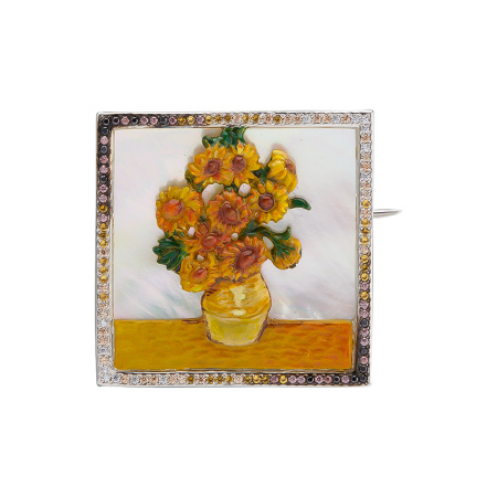 Серебряная брошь с перламутром и эмалью «Подсолнухи»