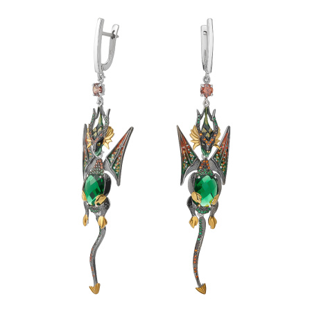 Серьги из серебра с кварцем и фианитами «Дракон»