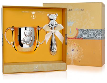 Серебряный набор «Мишка» поильник и погремушка