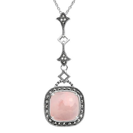 Серебряный кулон на цепи с розовым кварцем и марказитами Swarovski